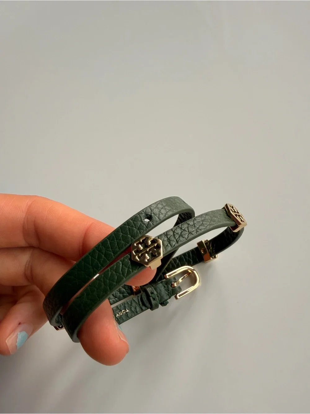 New Tory Burch Double Wrap Olive Green Leather Bracelet with Gold Accents